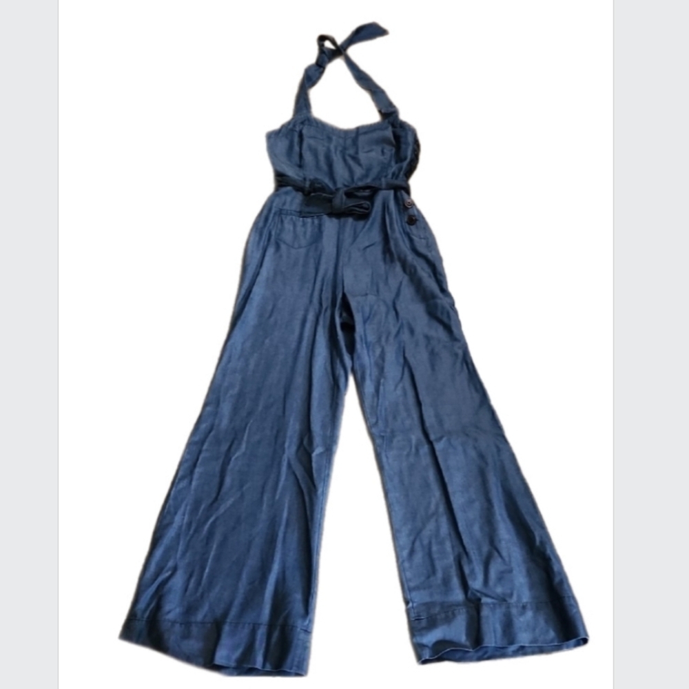 Elevenses Anthropologie Blue Wide Leg Halter Jumpsuit 70s Boho Retro - Picture 2 of 11